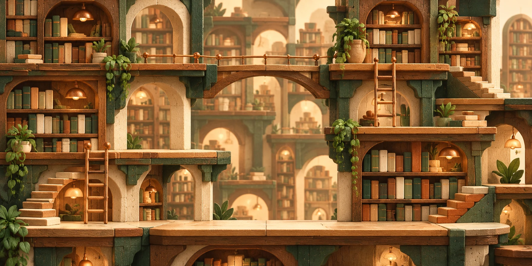 Una biblioteca ilustrada con libros y puentes para explorar.