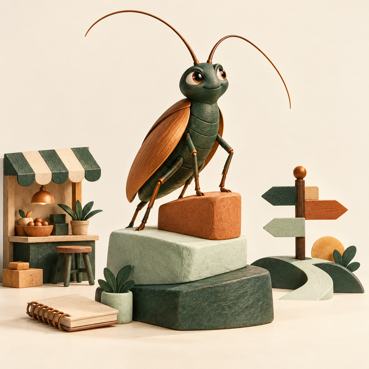 Mascota ficticia de Cucarachote: cucaracha verde con alas cobre junto a un negocio de barrio y un camino.